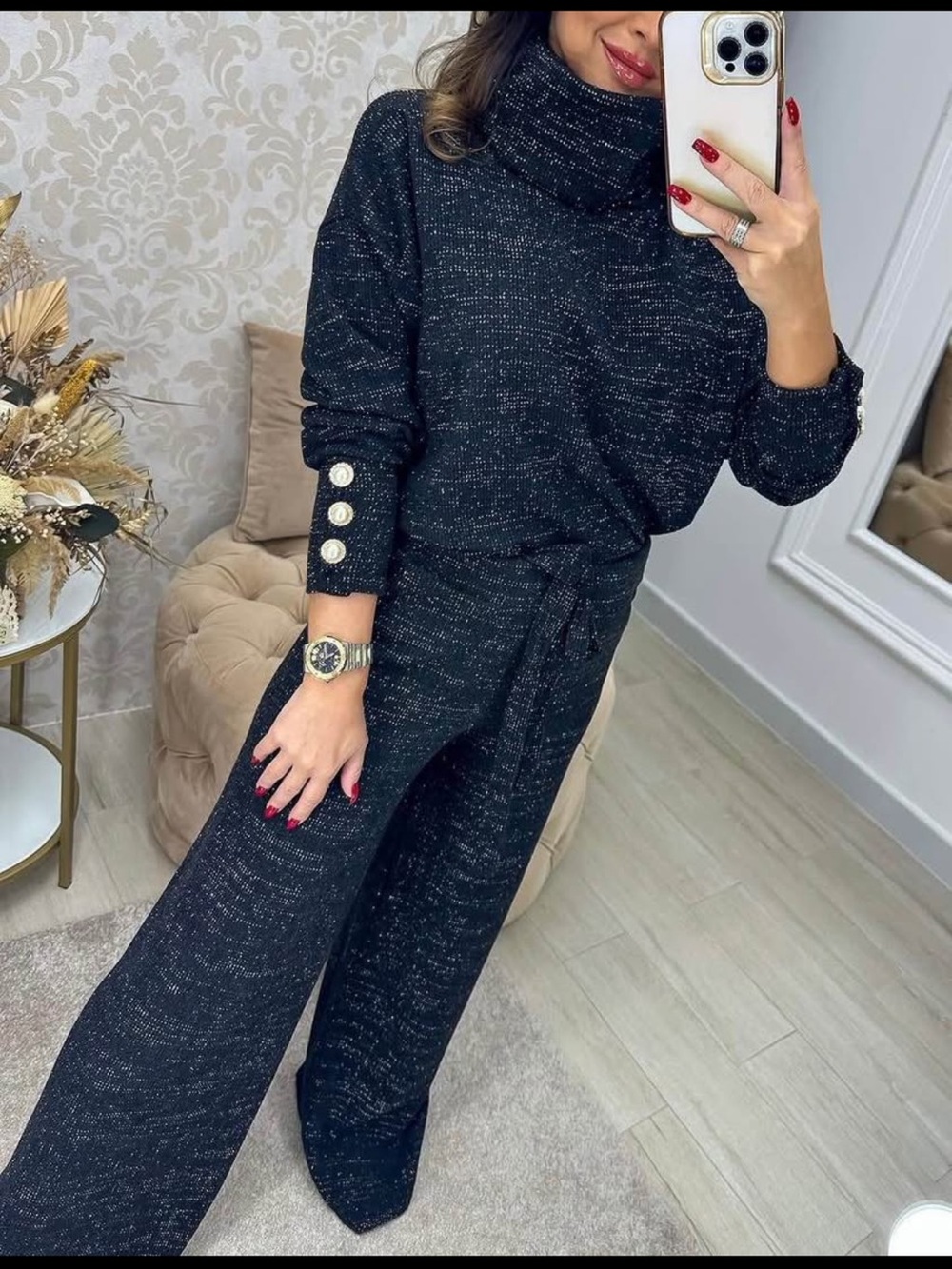 Cozy Black Knit Wide-Leg Pants Jumpsuit